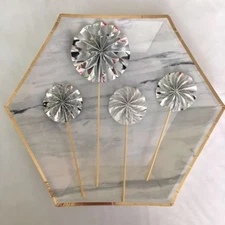 Rosette Fans Cake Topper, Silver, Set of 4, Happy Birthday Cake Topper
