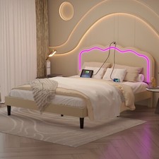 Twin Full Queen Bed Fram w/Upholstered Headboard LED Lights and Charging Station