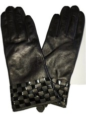 Women's Lattice Cuff Leather Gloves. Black, Small.