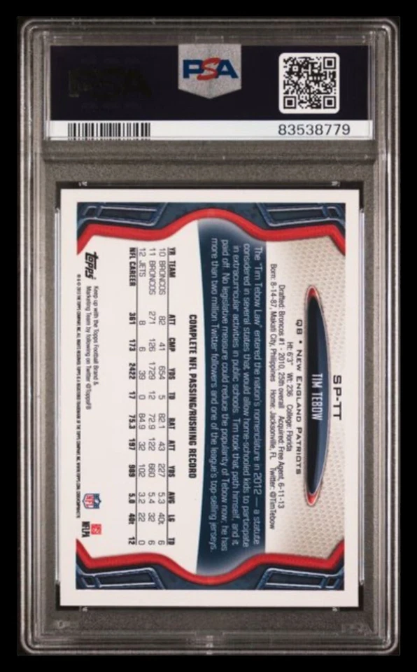 2013 topps #SPTT tom brady & tim tebow rc; photo SSP image variation PSA 8 - Image 3 of 3