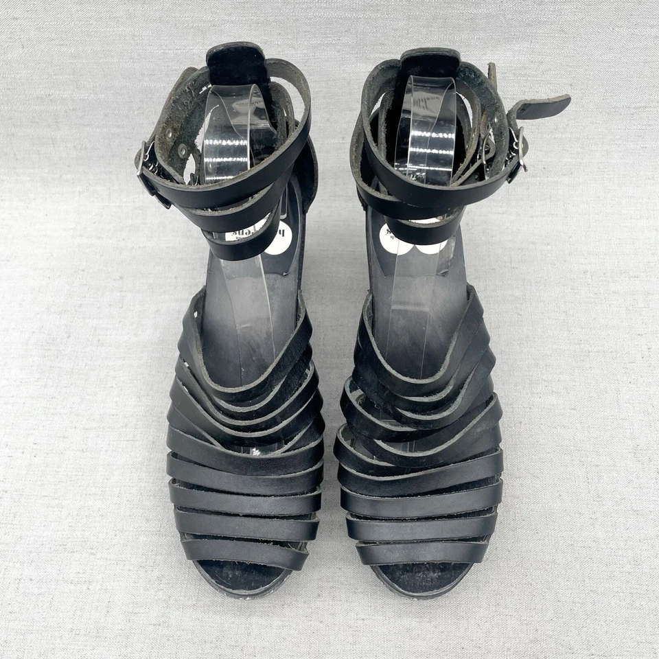 Swedish Hasbeens H&M Womens 8 Gladiator Wedge Sandals Black Leather Platform - Image 3 of 4