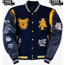 North Carolina A T Motto 3.0 Aggie Pride Varsity Navy Blue Wool Leather Jacket