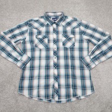 Wrangler Pearl Snap Shirt Mens XL Blue/Tan Plaid Long Sleeve Western Cotton/Poly