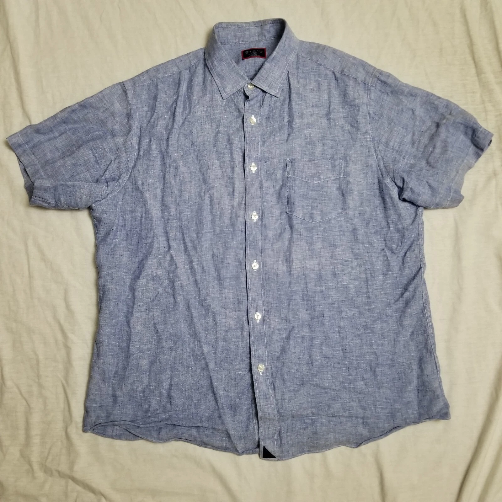 Untuckit Shirt Button Up Short Sleeve 100% Linen Blue Size Large