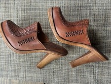 Vintage 70s Quali-Craft Wooden 4 Heel Mules Clogs Leather 6.5 7 7.5 Hippie Boho