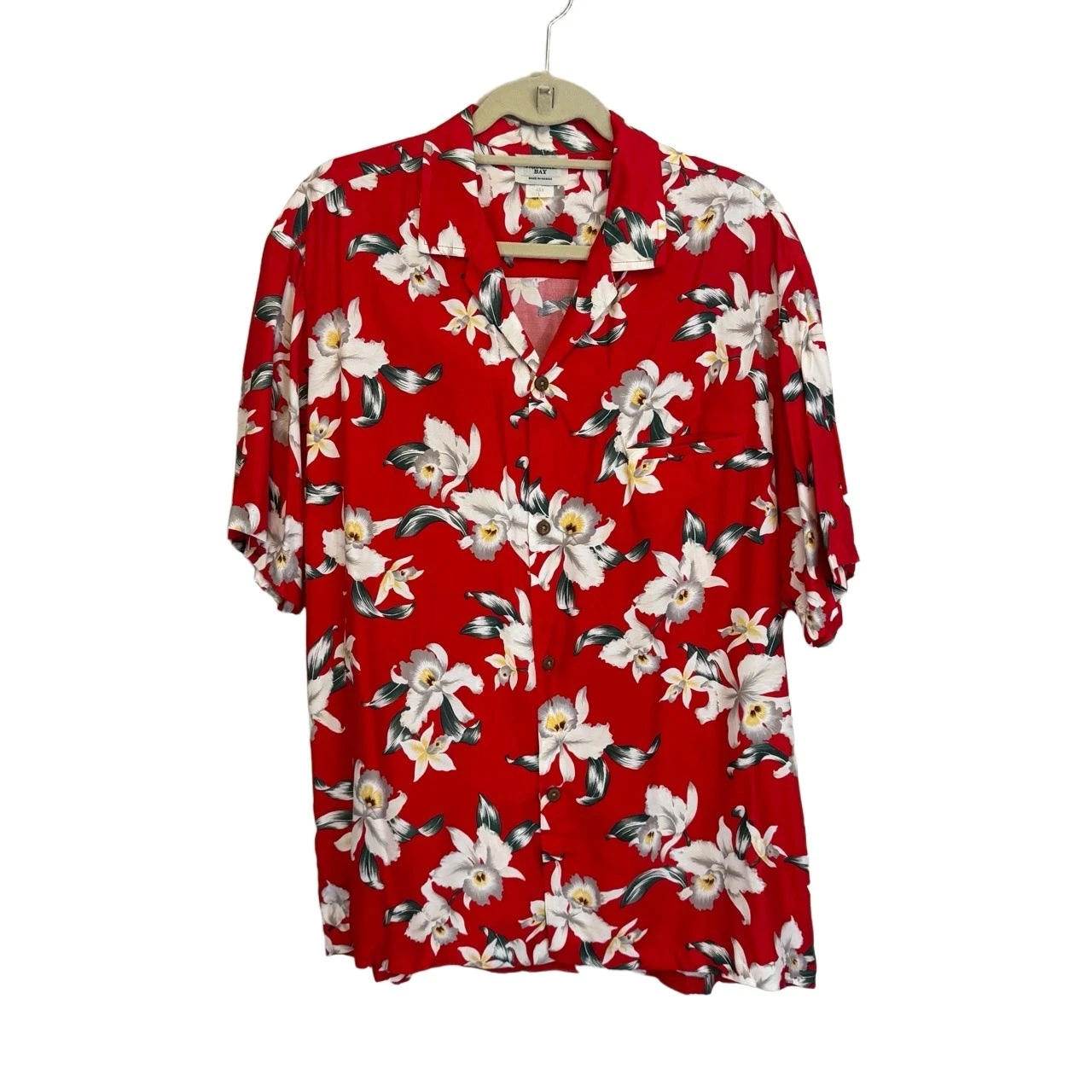 Paradise Bay Hawaiian Shirt Mens L Red Floral Button Up Tropical Vacation Cruise