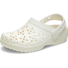 Crocs Womens' Classic Clogs with Floral Cut Out Design Slippers - Chalk