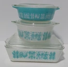Vintage PYREX Amish Butterprint 3pc Set Casserole Dish W/ Lid Turquoise White
