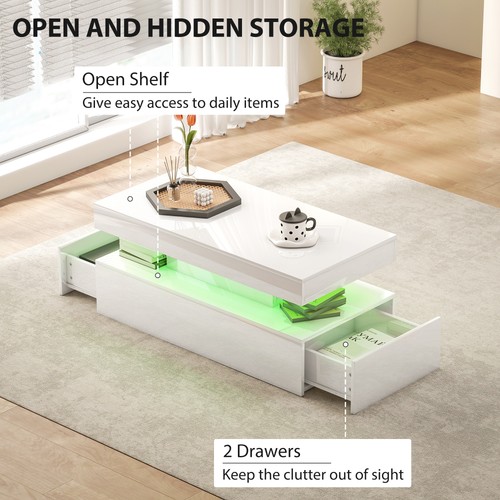 HOMCOM LED Coffee Table with Storage, High Gloss Living Room Table, White - Picture 7 of 11