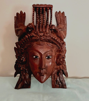 Vintage Bali Hand Carved Wood Devi Sri Goddess Head Mahogany 10''