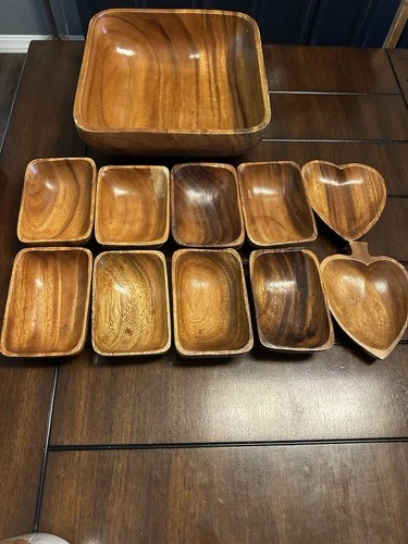 Vtg Retro Square Wooden Bowl Set 11 Pc. Made In Philippines MCM Acacia?