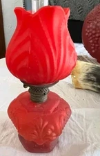 Victorian Satin Cranberry Glass Miniature Oil Lamp and Shade 9"