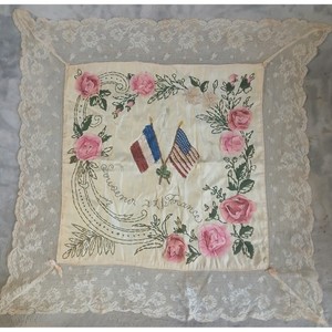 Antique WWI Souvenir de France Silk Table Cover Wall Decor Ribbon Roses Lace
