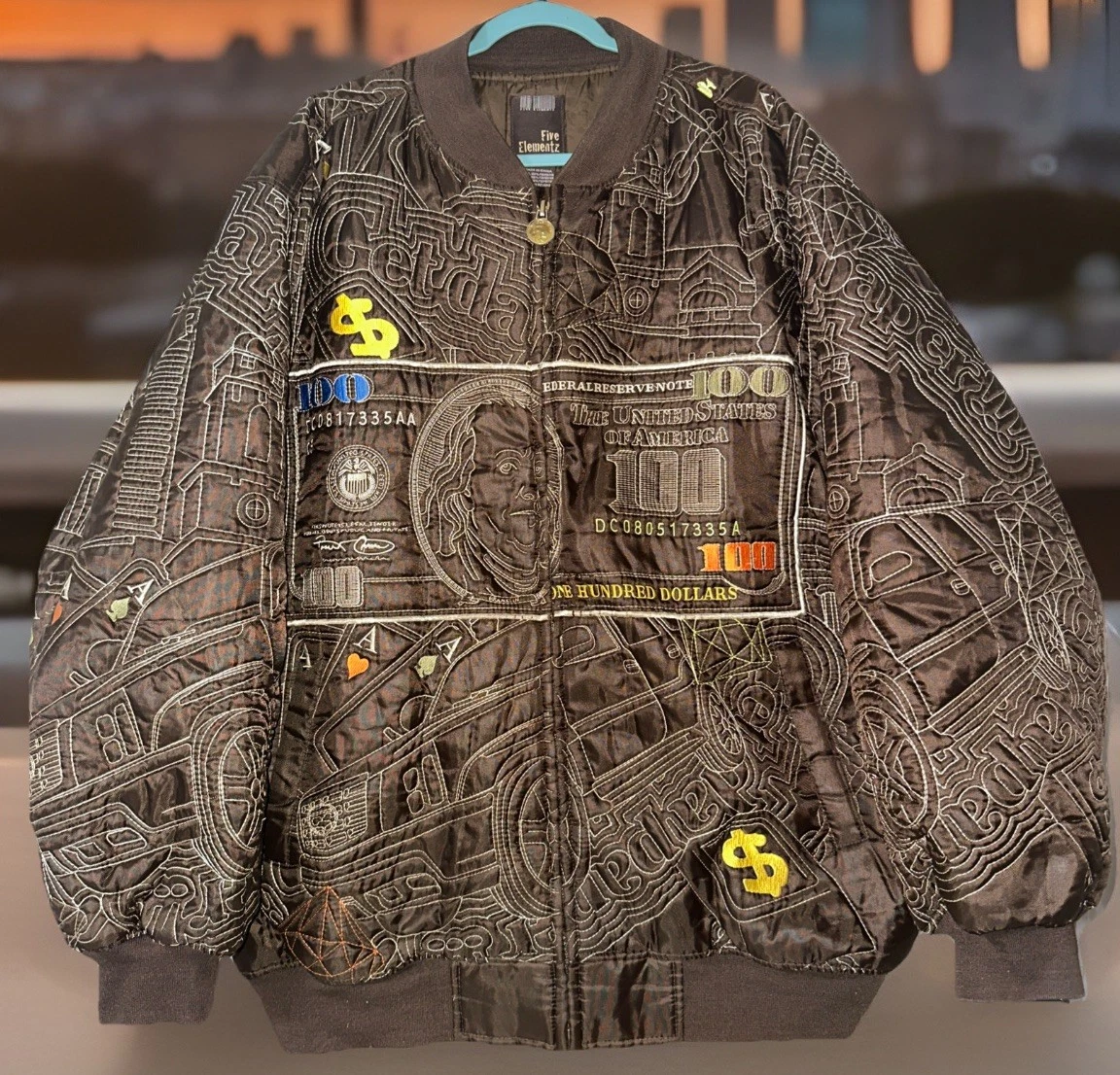 VTG Five Elementz Bomber Jacket Money Escalade Embroidered Logo Rap Hip Hop 2XL - product detail image 1