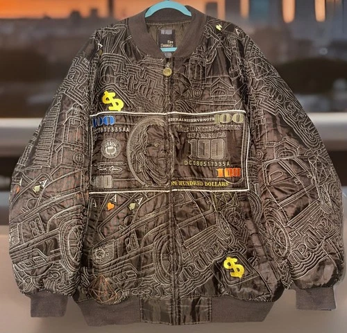 VTG Five Elementz Bomber Jacket Money Escalade Embroidered Logo Rap Hip Hop 2XL - product listing photo