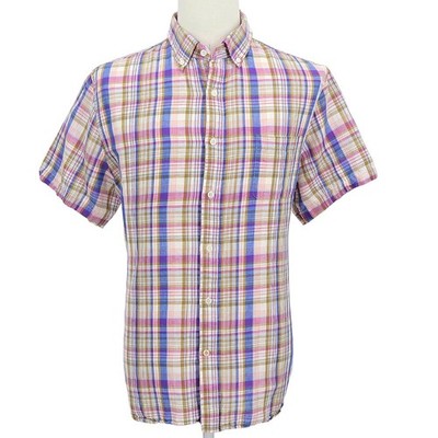 Resort Linen Cotton Shirt Hickey Freeman XL Plaid Short Sleeve Summer