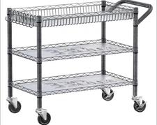 Heavy Duty Utility Cart with Handle 990lbs Capacity Metal 3 Tier Rolling Carts