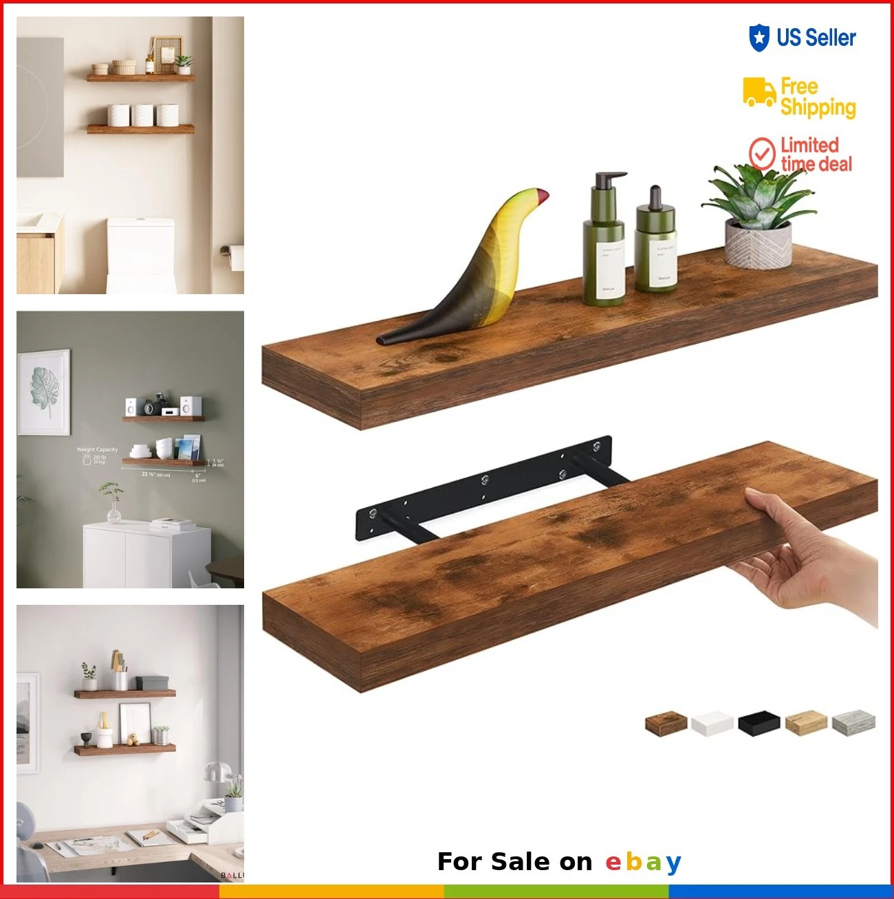 Floating Shelves 24 Inch Set of 2 Rustic Brown Wall Shelf 30 lb Capacity Home