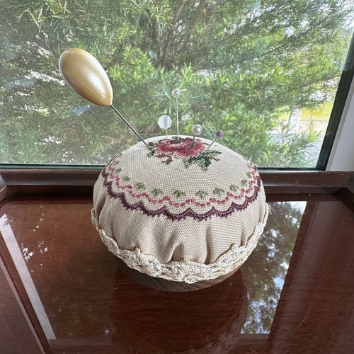 Vintage Needlepoint Rose Pincushion with Lace Trim and Wooden Footed Base