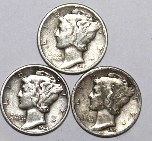 (3) Mercury Dimes - VF - 1944D 1944P 1944D - #2018ED FREE SHIPPING