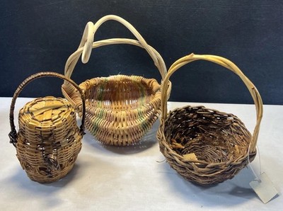 3 Unique Miniature Baskets. Buttox, Twig Gathering And Bamboo Lidded.