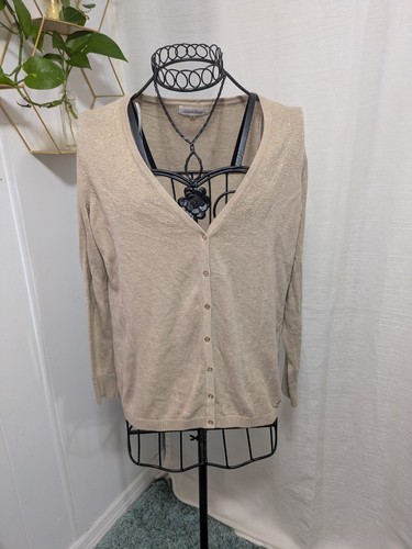 Calvin Klein Ladies Size M Beige Gold Sparkly Cardigan Long Sleeve