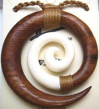 45MM HAWAIIAN KOA WOOD WATER BUFFALO BONE MAORI KORU FRIENDSHIP PENDANT NECKLACE