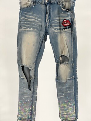 Kloud 9 Jeans Mens 38x32 Blue Denim Distressed Paint Splatter 