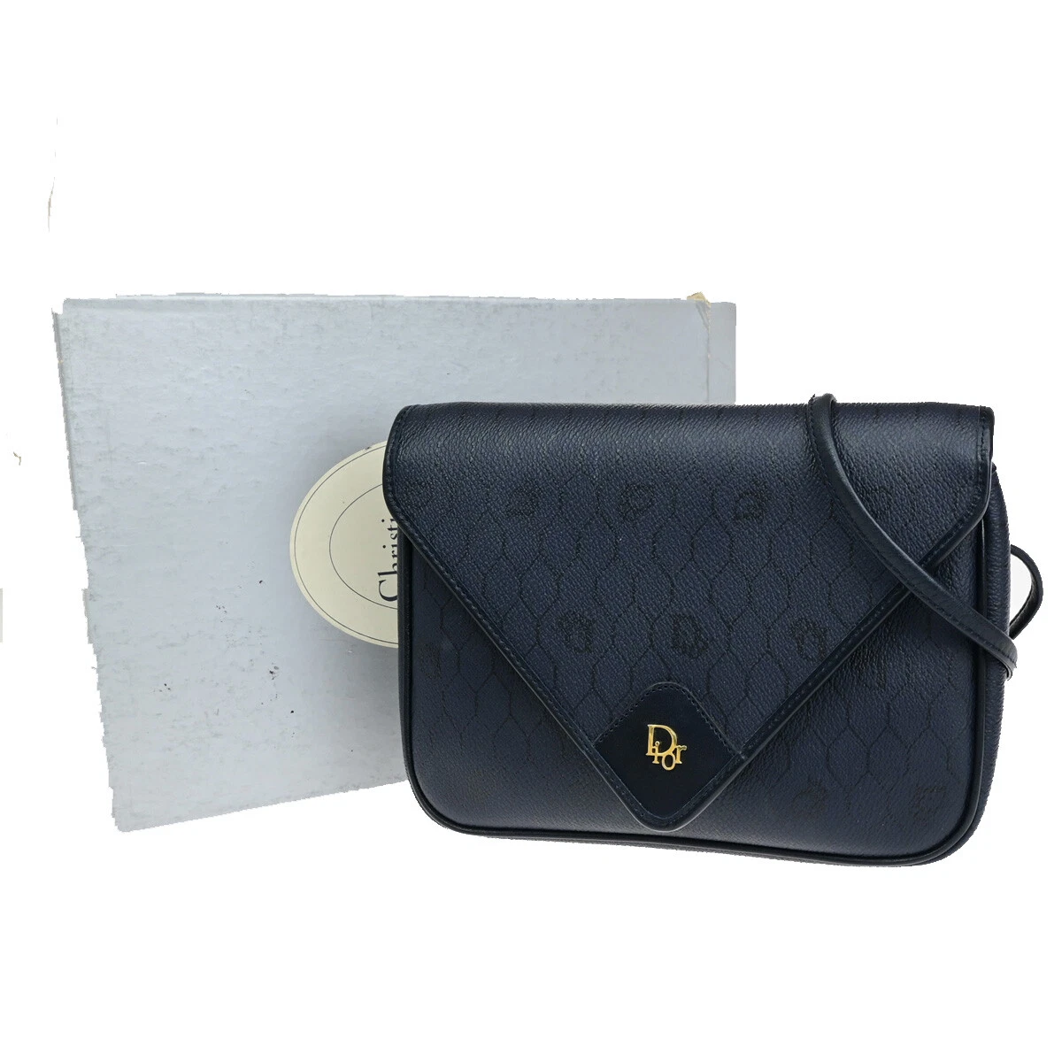 Sac bandoulière logo Christian Dior en nid d'abeille PVC cuir bleu marine GHW 61YF339