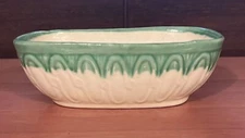 Vintage Cookson USA Cream/Green Rectangular Pottery Bowl/Planter Raised Design