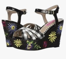 NEW Betsey Johnson Traci Platform Wedge Sandals Embroidered Floral Gingham Sz 8