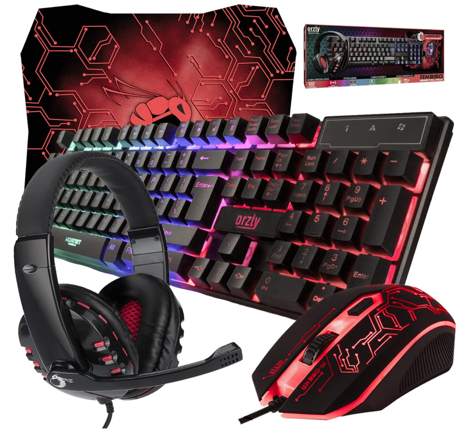 4 en 1 Orzly PC Gaming Pack RGB Teclado Mouse Auriculares y Mouse Pad Paquete para Jugador Reino Unido