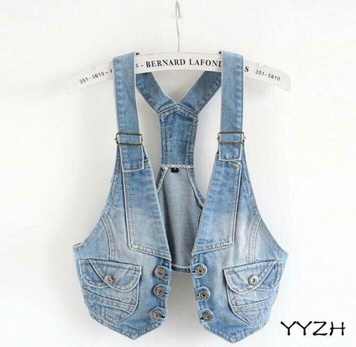 Women's Retro Backless Button Up Jean Jacket Slim Fit Denim Coat Vest Tops  Ladys