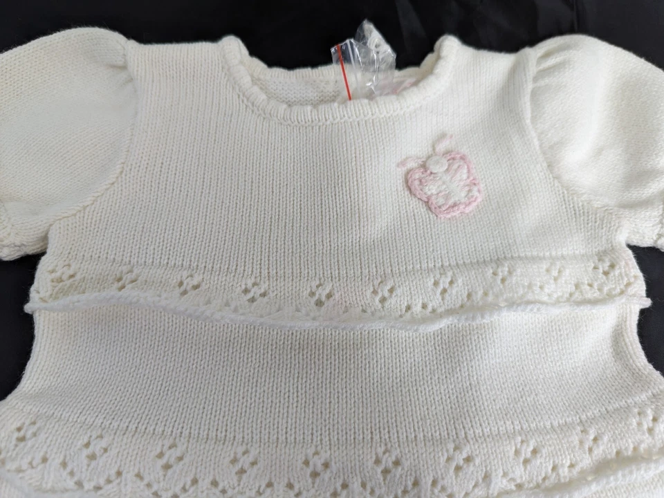 April Cornell Baby Girl 6 Months White Knit Pink Butterfly Short Sleeve Dress 6M - Image 2 of 4