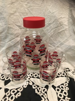 Vintage Santa Christmas Glass Cookie Jar 3L Glass and 4 Cup Luminarc Glasses