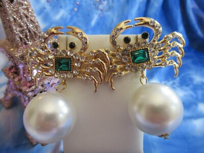Beautiful Golden Crab Ocean Life Sea Crystal PEARL Statement LARGE Earrings