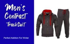 Men's Full Zip Up Contrast Cord Brushed Fleece Tracksuit Hoodie Jogging Joggers