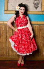 Red SWING DRESS size 14 Cotton Halter Neck 50s Tiki Hawaiian style Miss Fortune