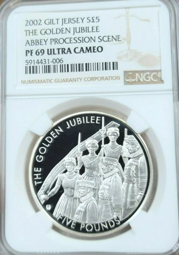 2002 JERSEY SILVER 5 POUNDS ABBEY PROCESSION SCENE NGC PF 69 ULTRA CAMEO