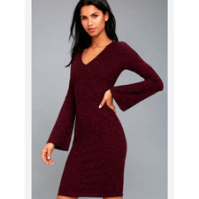 Lulus Women's XS Burgundy Bell Sleeve Ribbed Knit Knee Length Dress