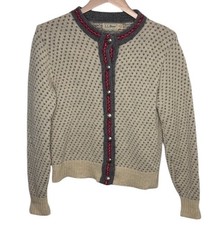 Vintage L.L. Bean Cream Grey Button Wool Fisherman Cardigan Women USA Size S
