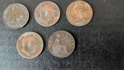 EDWARD V AND GEORGE V ONE PENNY COINS 1902 1907 1909 1912 1936  5 COINS 1 PRICE