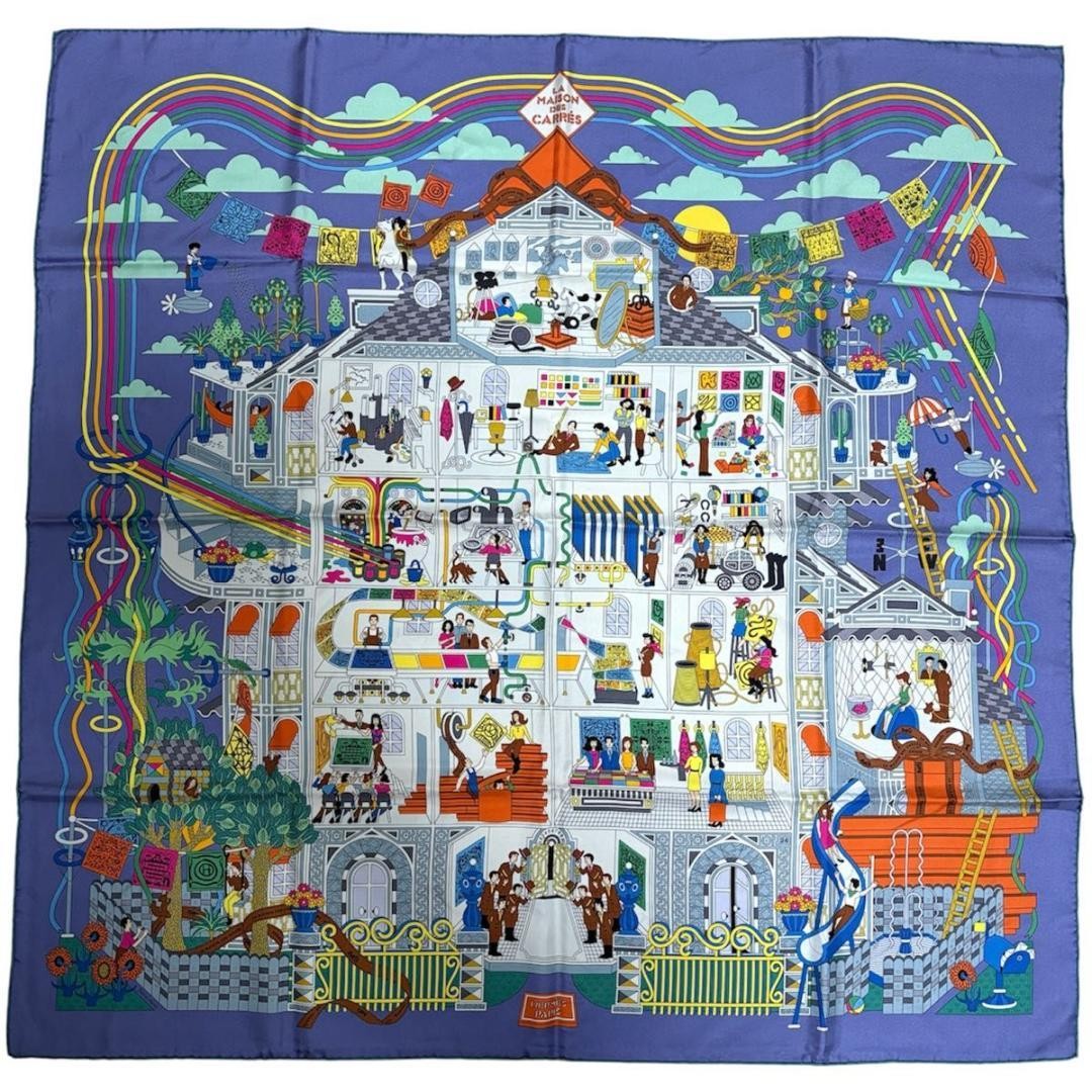 HERMÈS carré 90 Maison des Carrés Purple Silk Scarf Rare Excellent Condition
