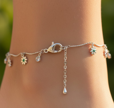 Elegant Silver Plated Floral Charm Anklet | Delicate Brass Chain Designer Anklet