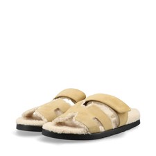 Herm s Chypre Suede Sheepski Sandals 41 Men's Beige x ivory Boa Slipper