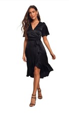 Lulus Satin Wrap Midi Dress Small Black Flutter Sleeve NWT