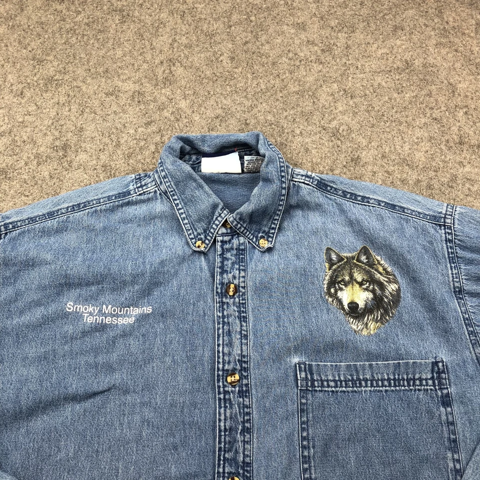 Camisa vaquera vintage para hombre mediana lobo bordada Smoky Mountains Tennesse Foto 4 de 4