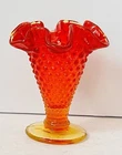 Vintage Pair Of 4” Fenton Amberina Hobnail Ruffle Crimped Edge Vases