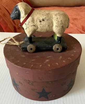 Folk Art Carved Wood Sheep Toy On Papier Mache Shaker Style Pantry Box