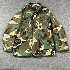 US Army Cold Weather Jacket Mens Large Long Green Camouflage Hooded Lined